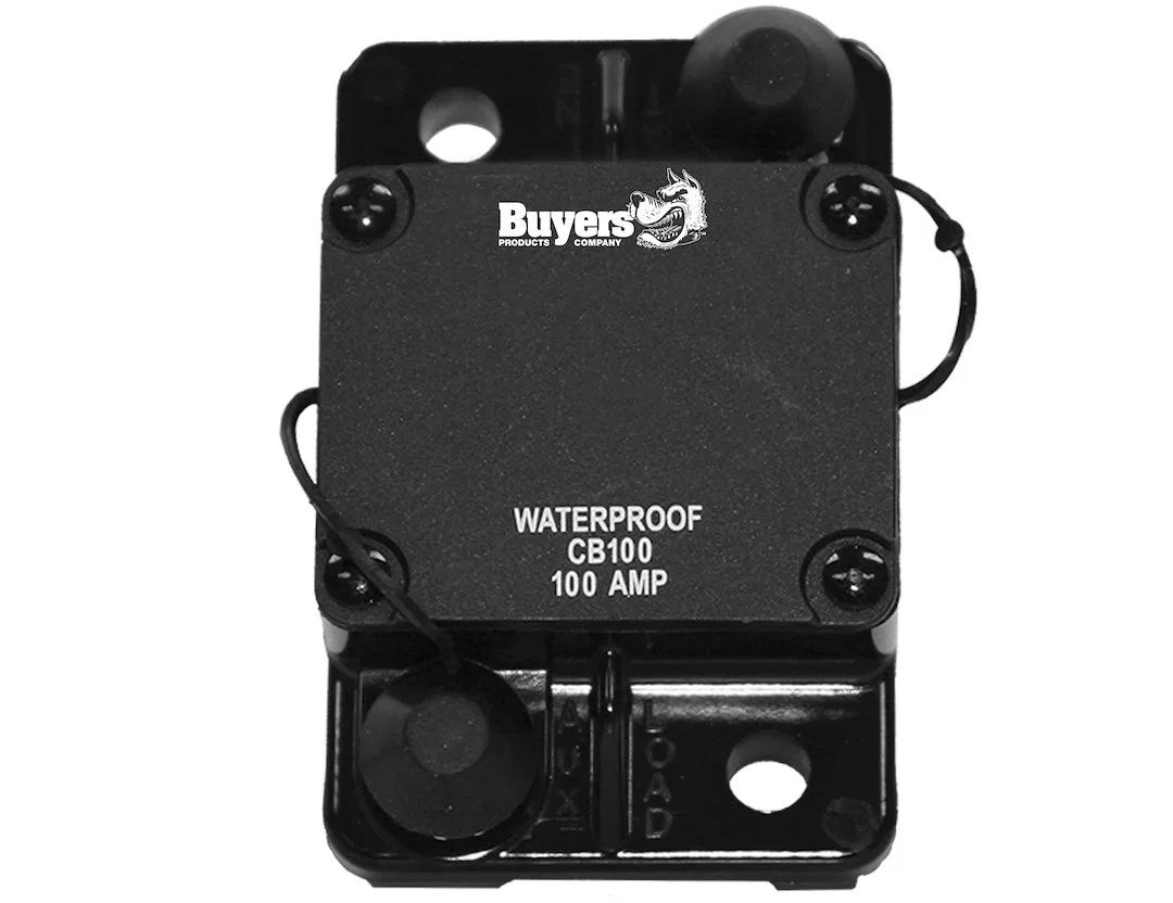 CB100 – BUYERS PROD Circuit Breaker, 100 Amp Plastic Waterproof Black 42 Volts Max Brass Studs Automatic Reset Single